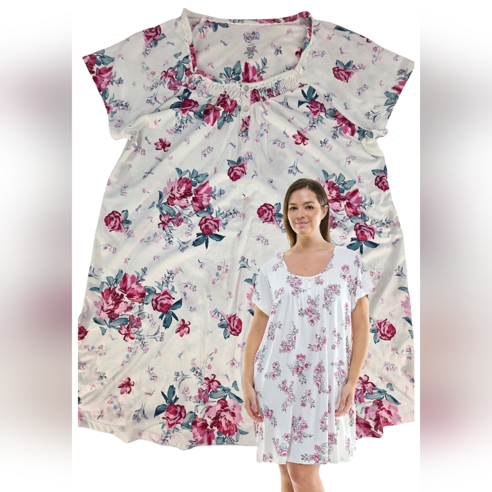 Croft & Barrow L White Nightgown Pink Floral Print Smocked Bodice 1985-Q